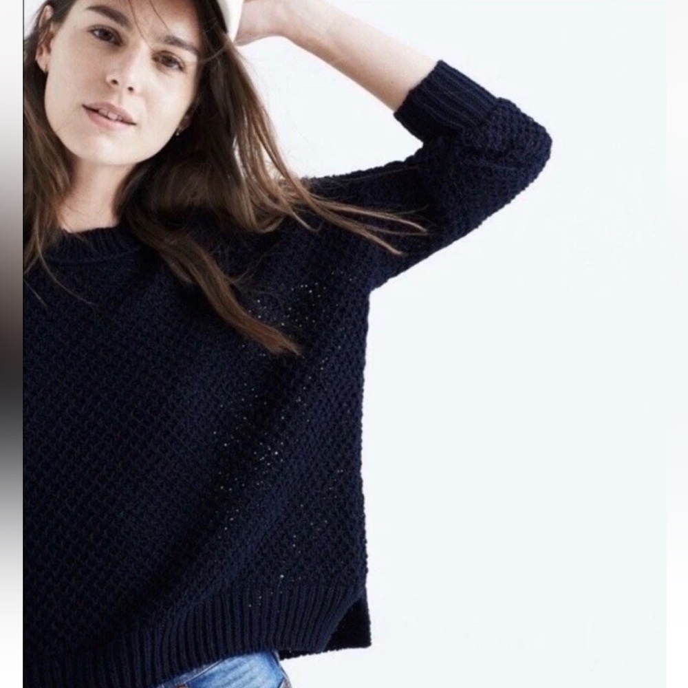 Madewell French Quarter Pullover Sweater Chunky Knit Crew Neck Navy Cotton L - Picture 2 of 7